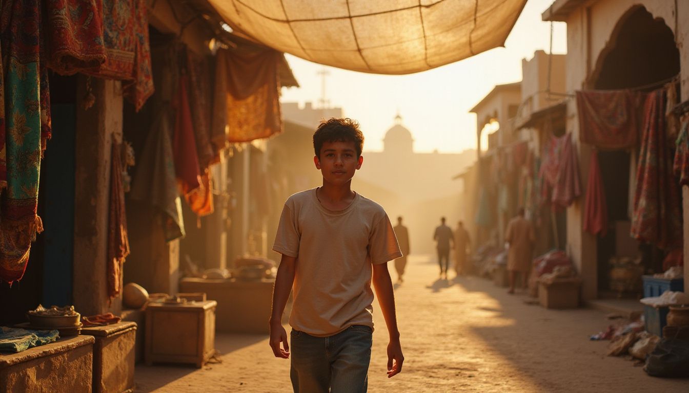 A boy navigates a vibrant market, embodying youthful determination.