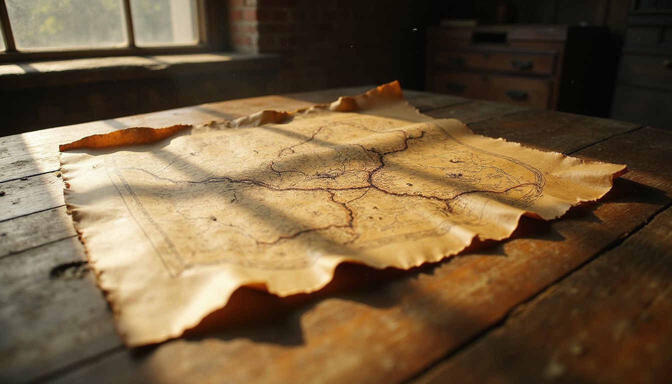 A weathered treasure map lies on a rustic wooden table, inviting adventure.