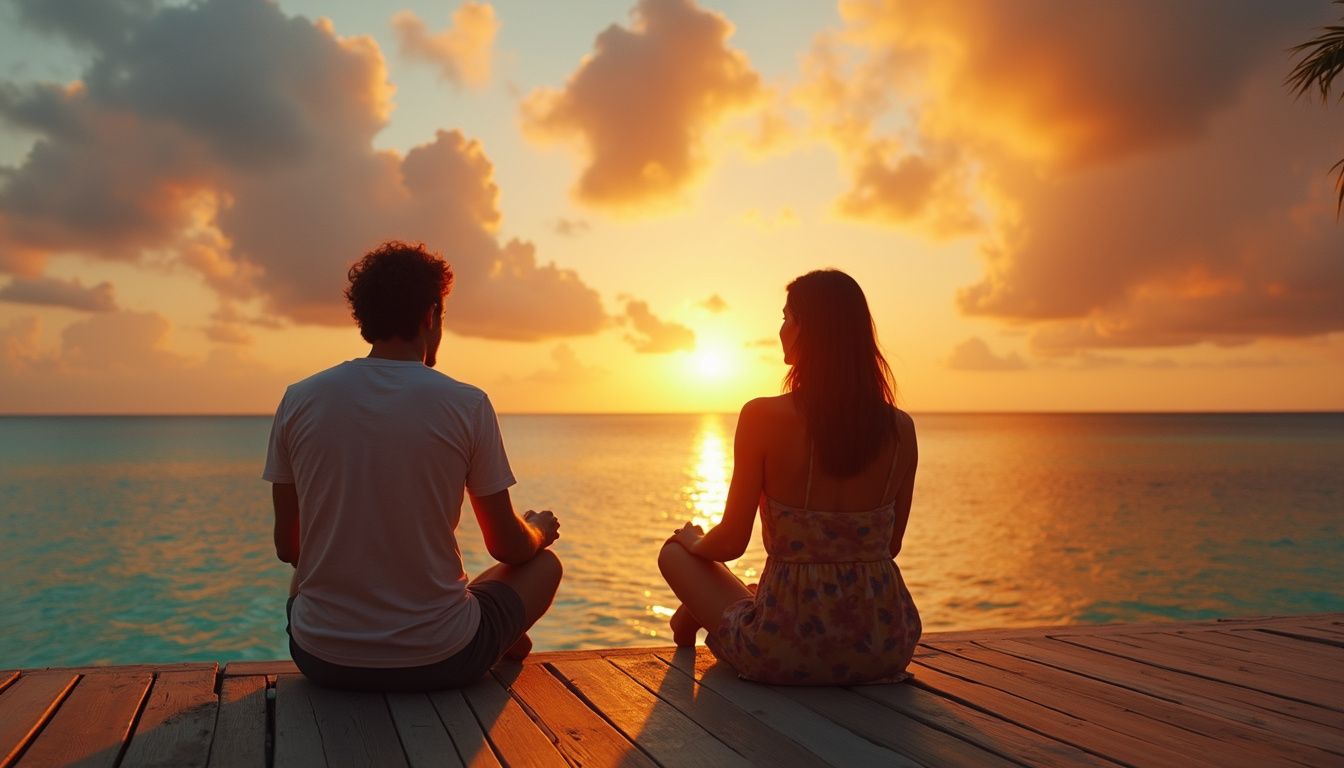 A couple gazes thoughtfully over tranquil waters during a sunset.