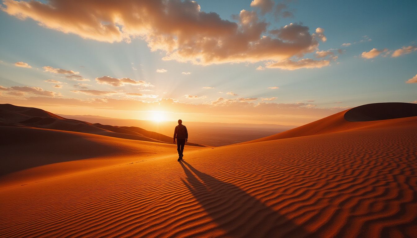 A lone hiker traverses the vibrant Painted Dunes of California.