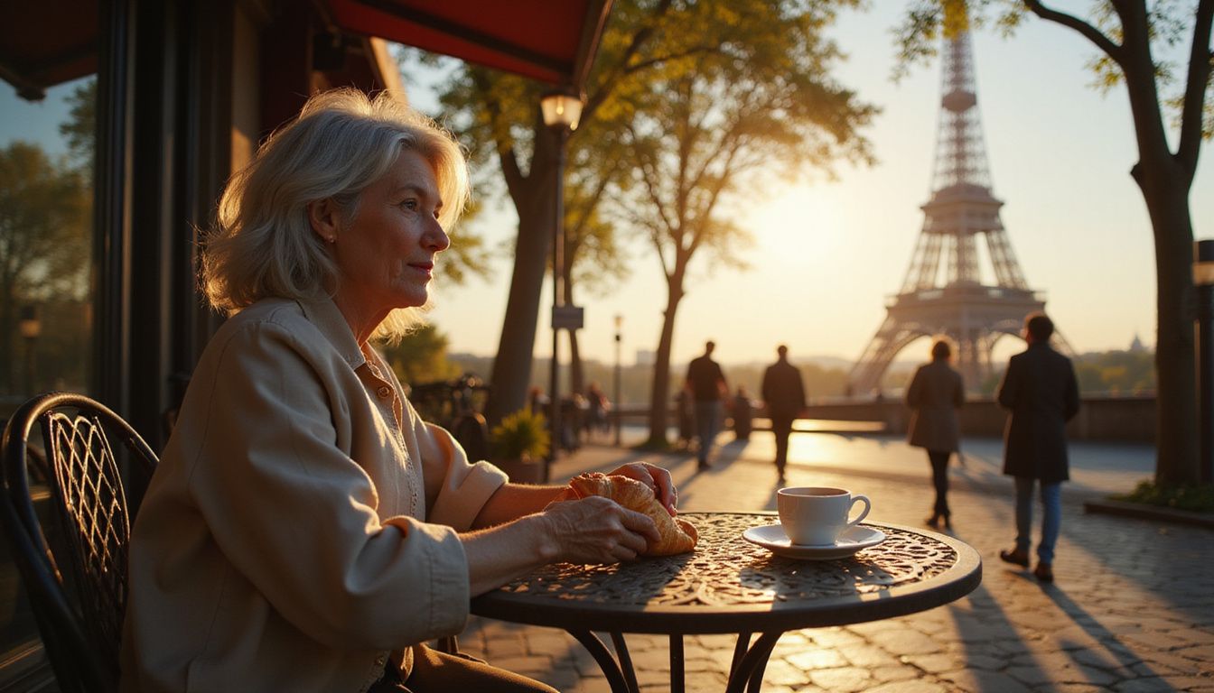 An elderly woman enjoys a croissant at a Parisian café.