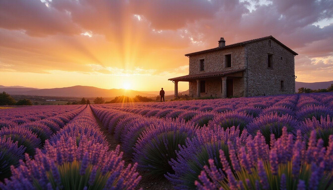 A rustic farmhouse stands amidst vibrant lavender fields at sunset.