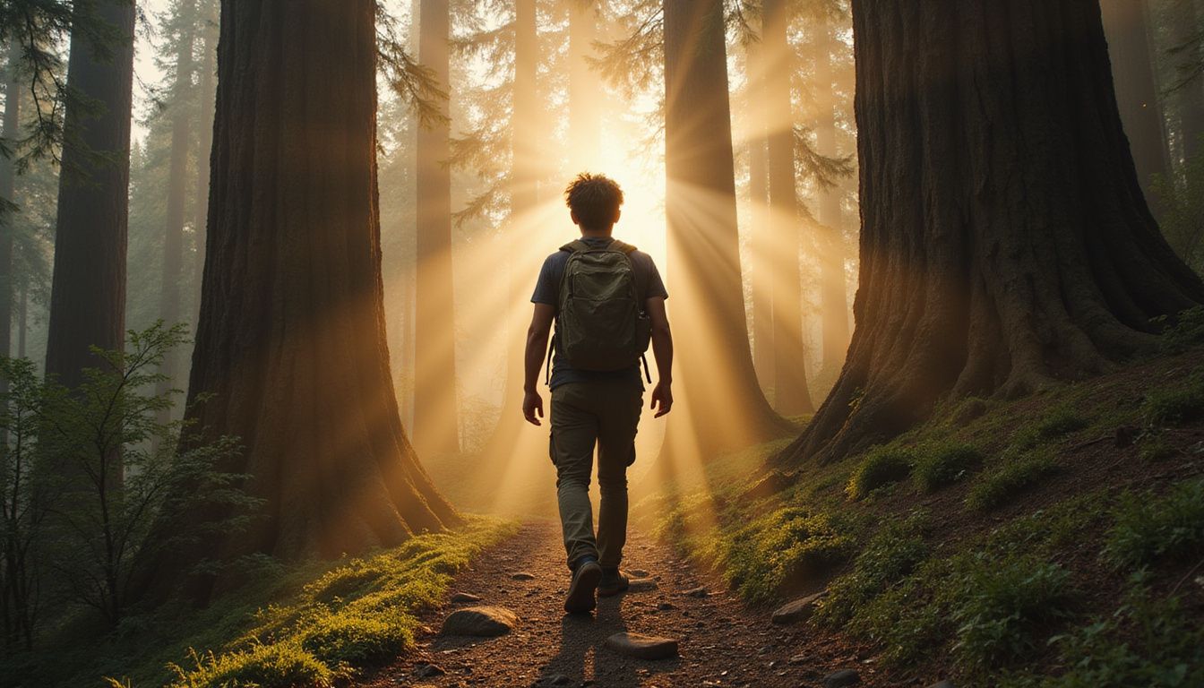 A hiker explores the misty beauty of Redwood National Park.