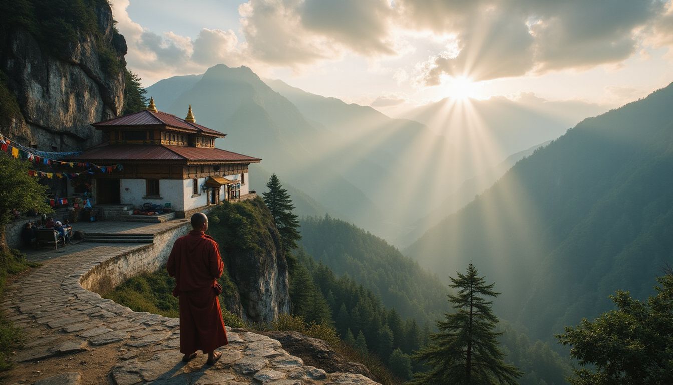 A majestic monastery atop misty mountains, exuding tranquility and devotion.