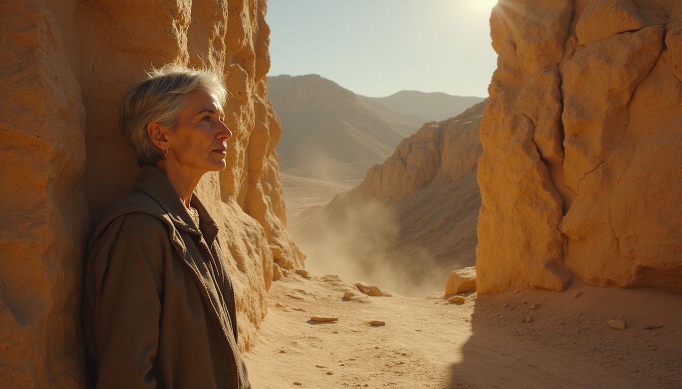 An elderly woman reflects on ancient rock paintings at Laas Geel.