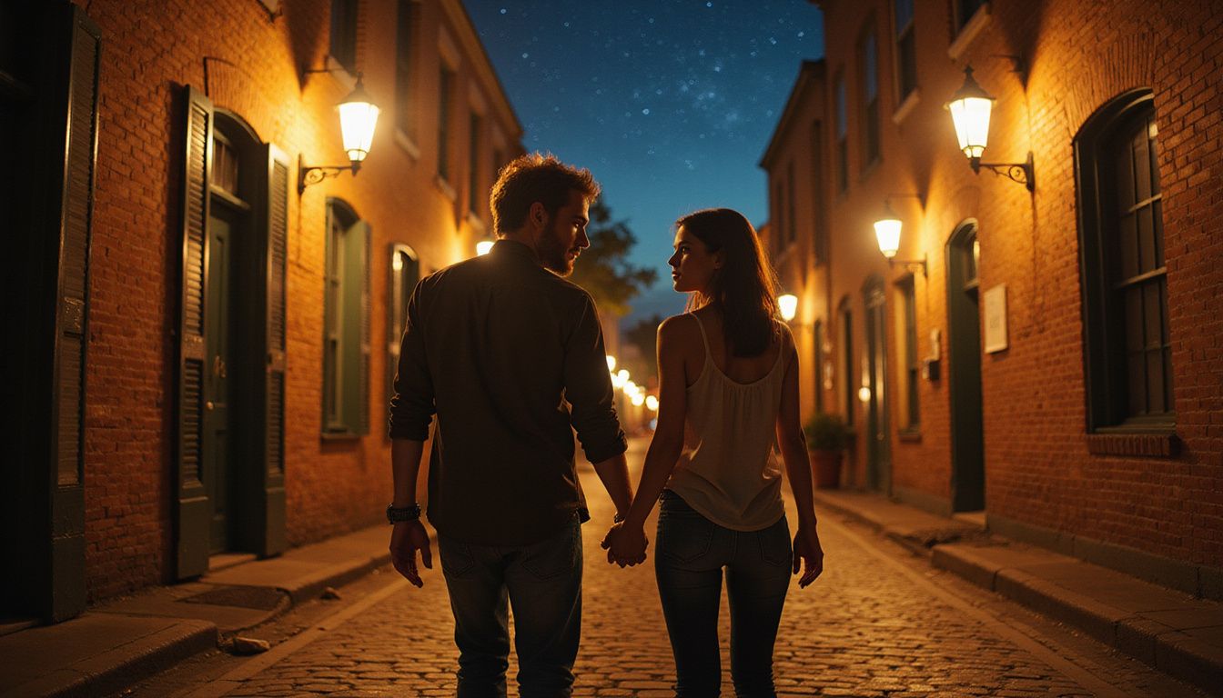 A young couple strolls hand-in-hand down Charleston's cobblestone streets.