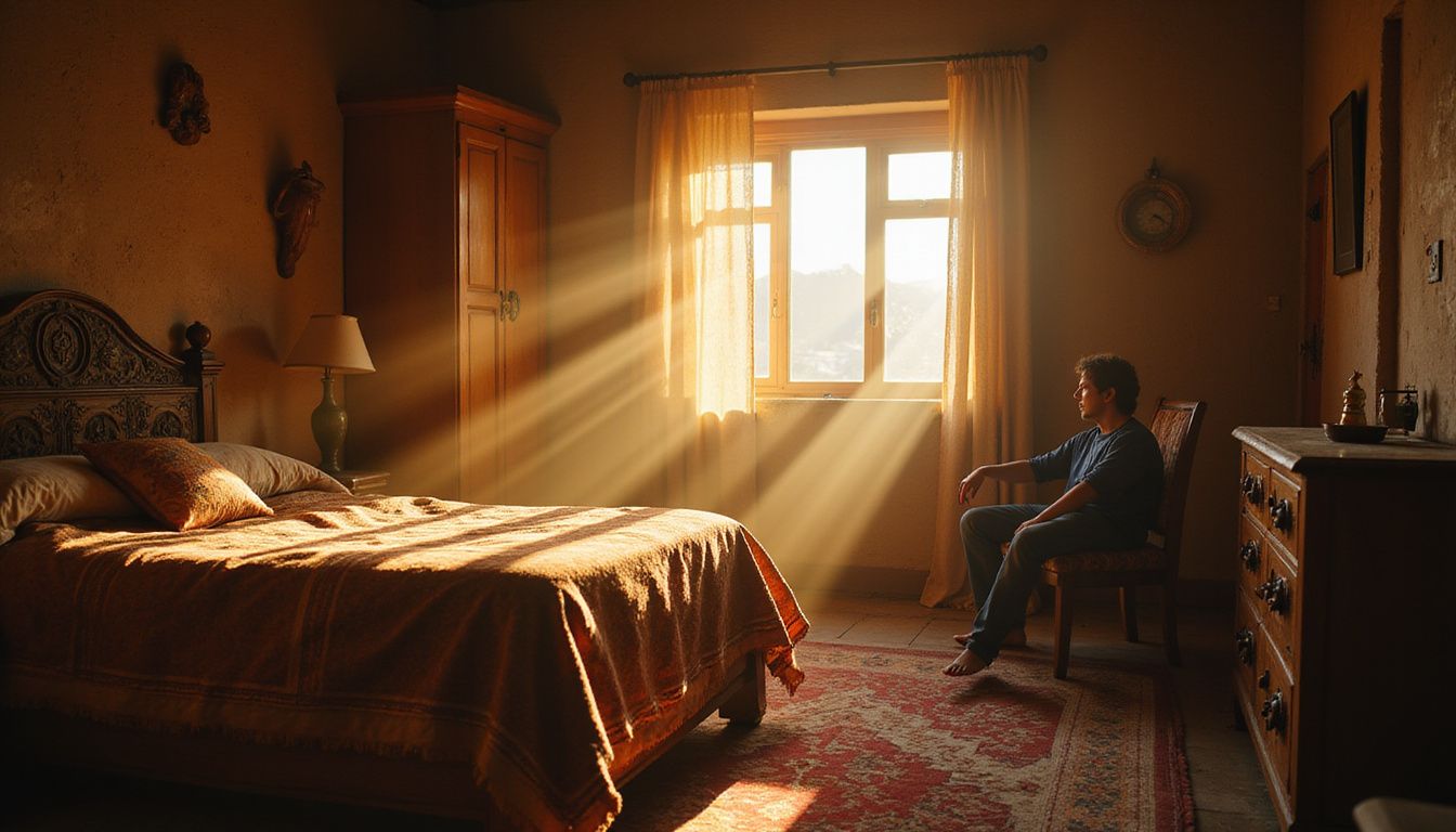 A cozy rustic bedroom exudes warmth and authenticity, celebrating local craftsmanship.