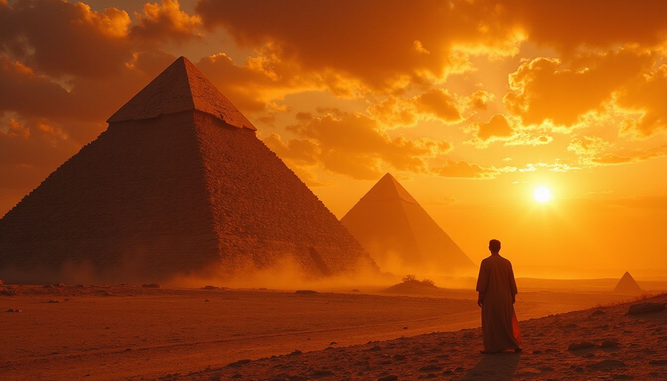 Ancient pyramids stand majestically in the Nubian desert at sunset.