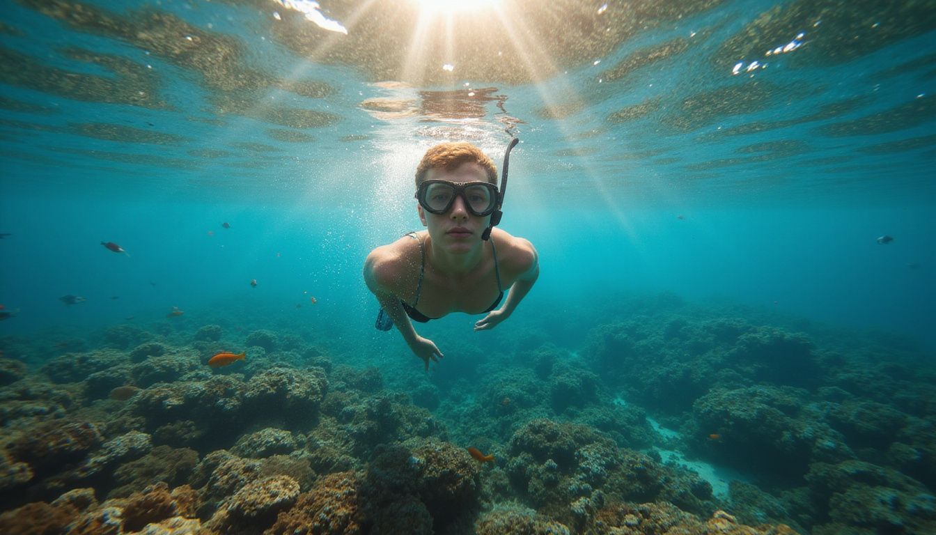 A snorkeler glides above a vibrant coral reef, immersed in marine life.