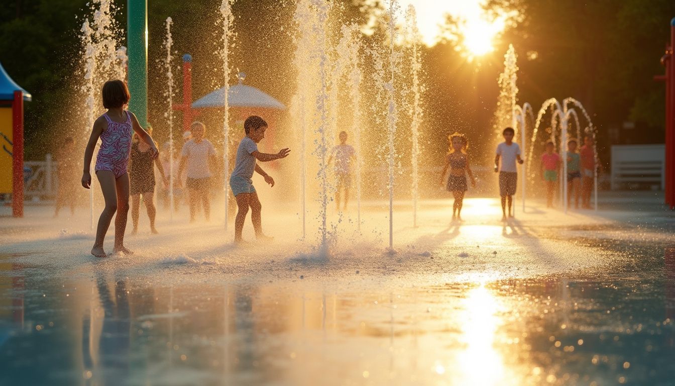 A vibrant splash pad filled with joyful children and colorful play structures.