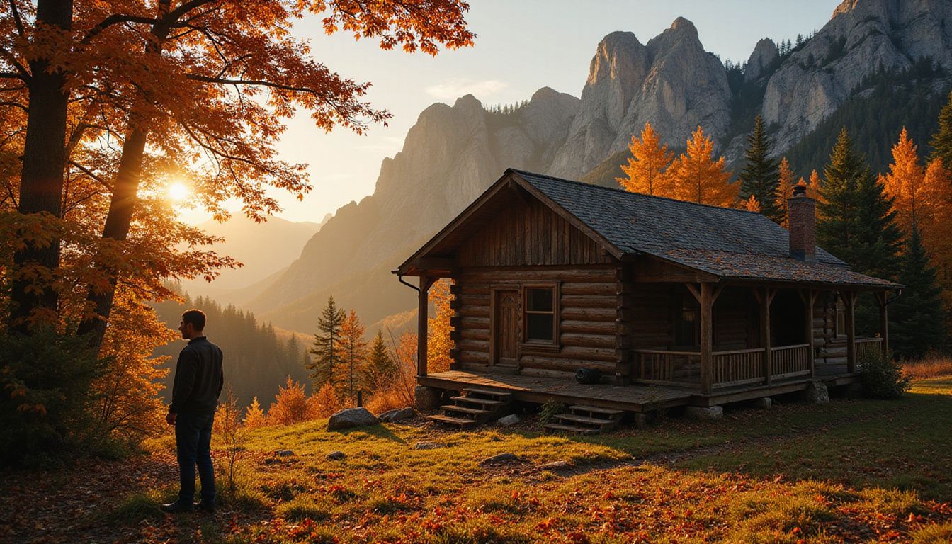 A rustic cabin surrounded by vibrant autumn foliage evokes serene tranquility.