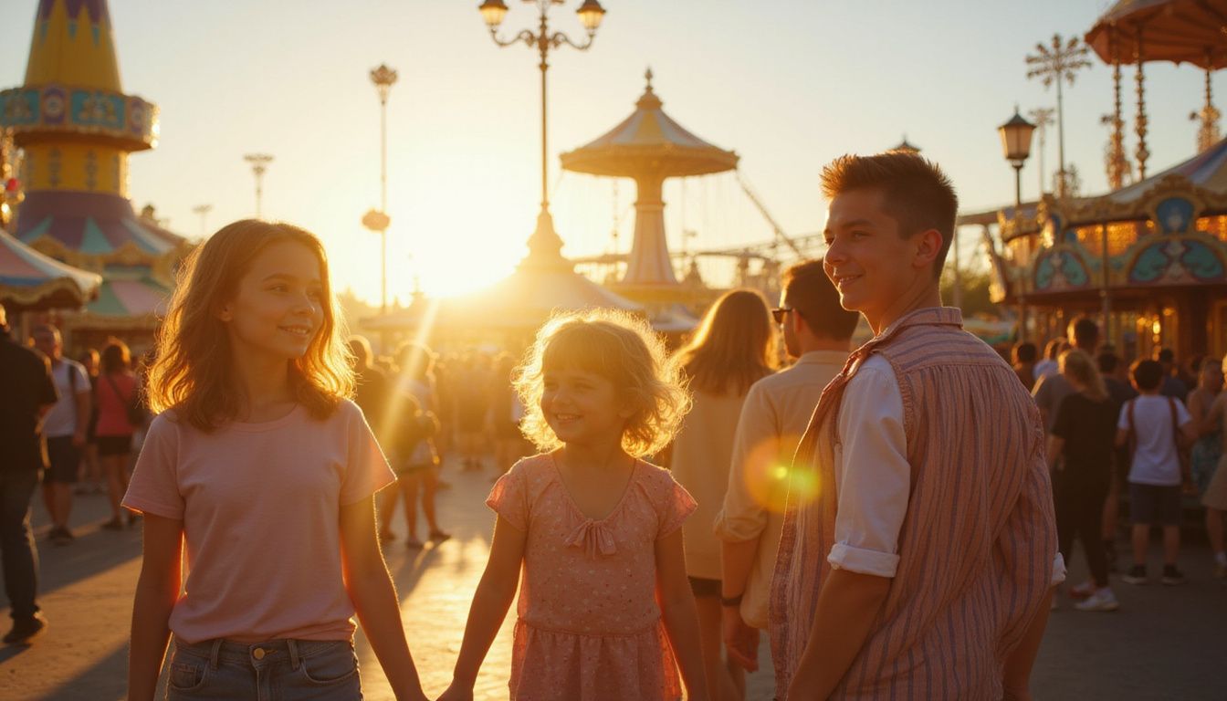 A family joyfully explores a vibrant theme park filled with excitement.
