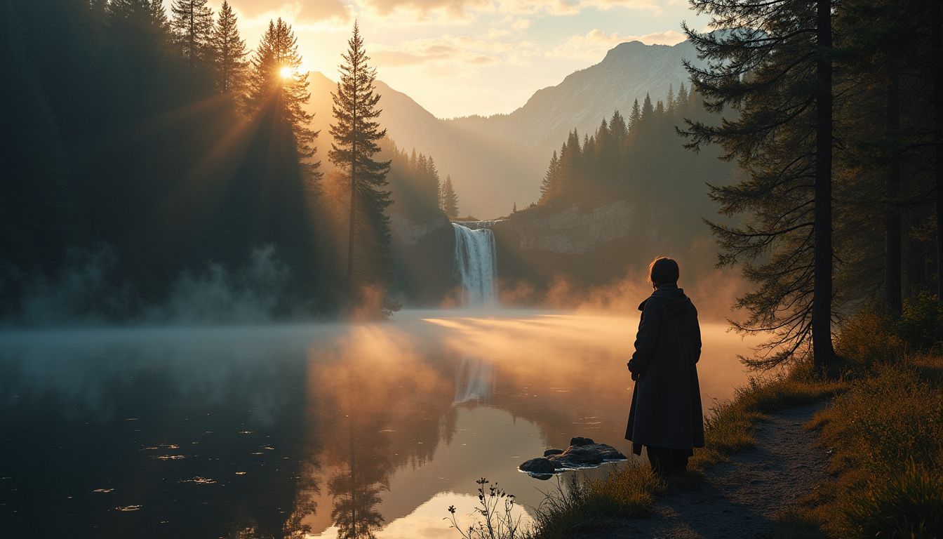 A solitary figure gazes at a serene mountain lake surrounded by nature.