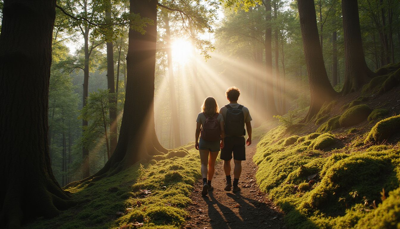 A man and woman trek a misty forest trail in the mountains.
