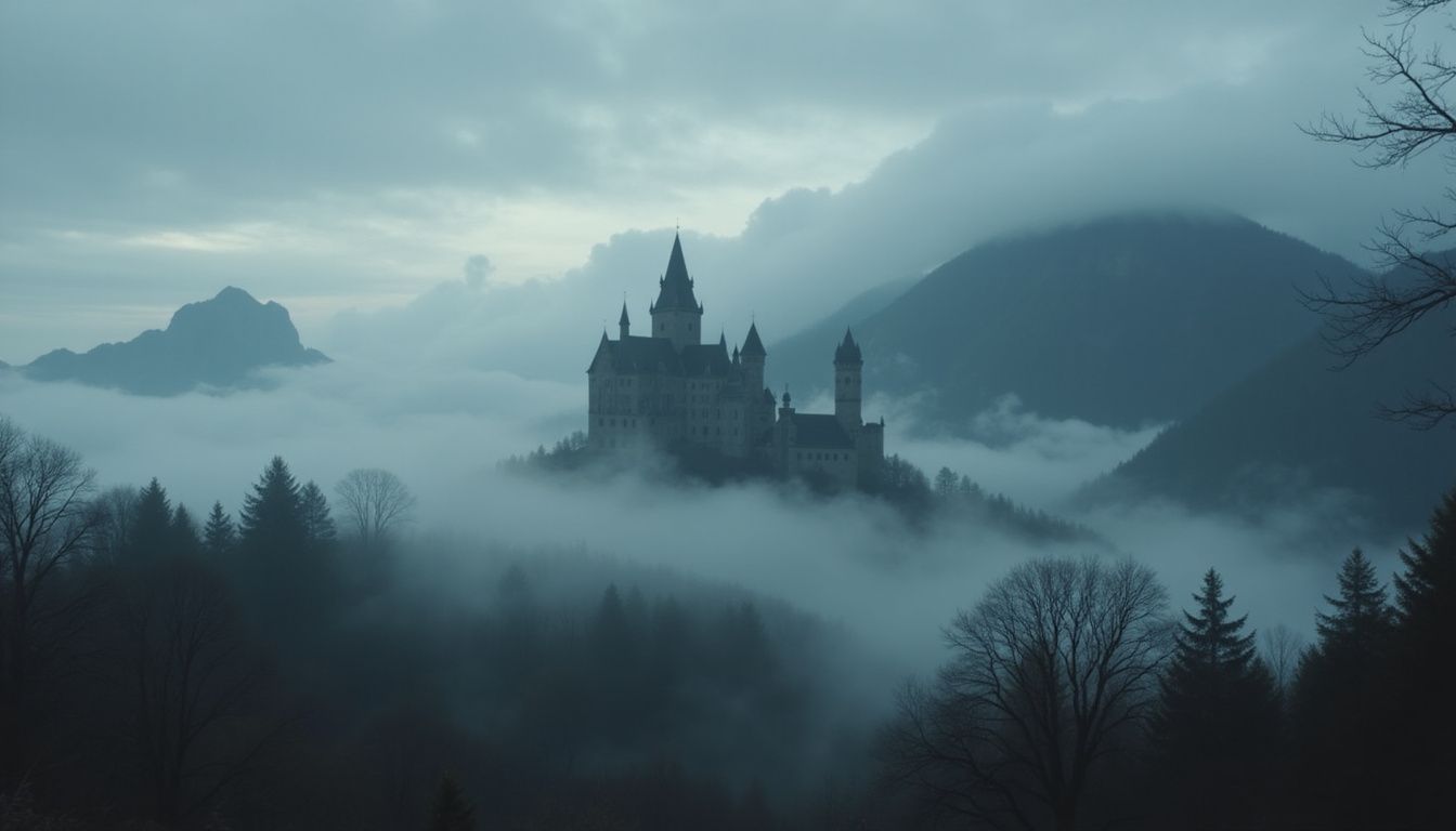 A misty dawn reveals Bran Castle looming ominously amid ancient forests.