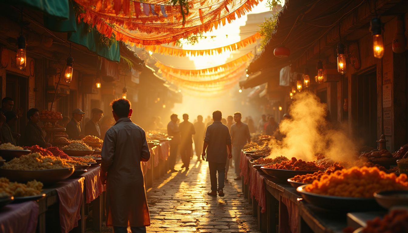 A lively outdoor food market bustling with vibrant dishes and joyful people.