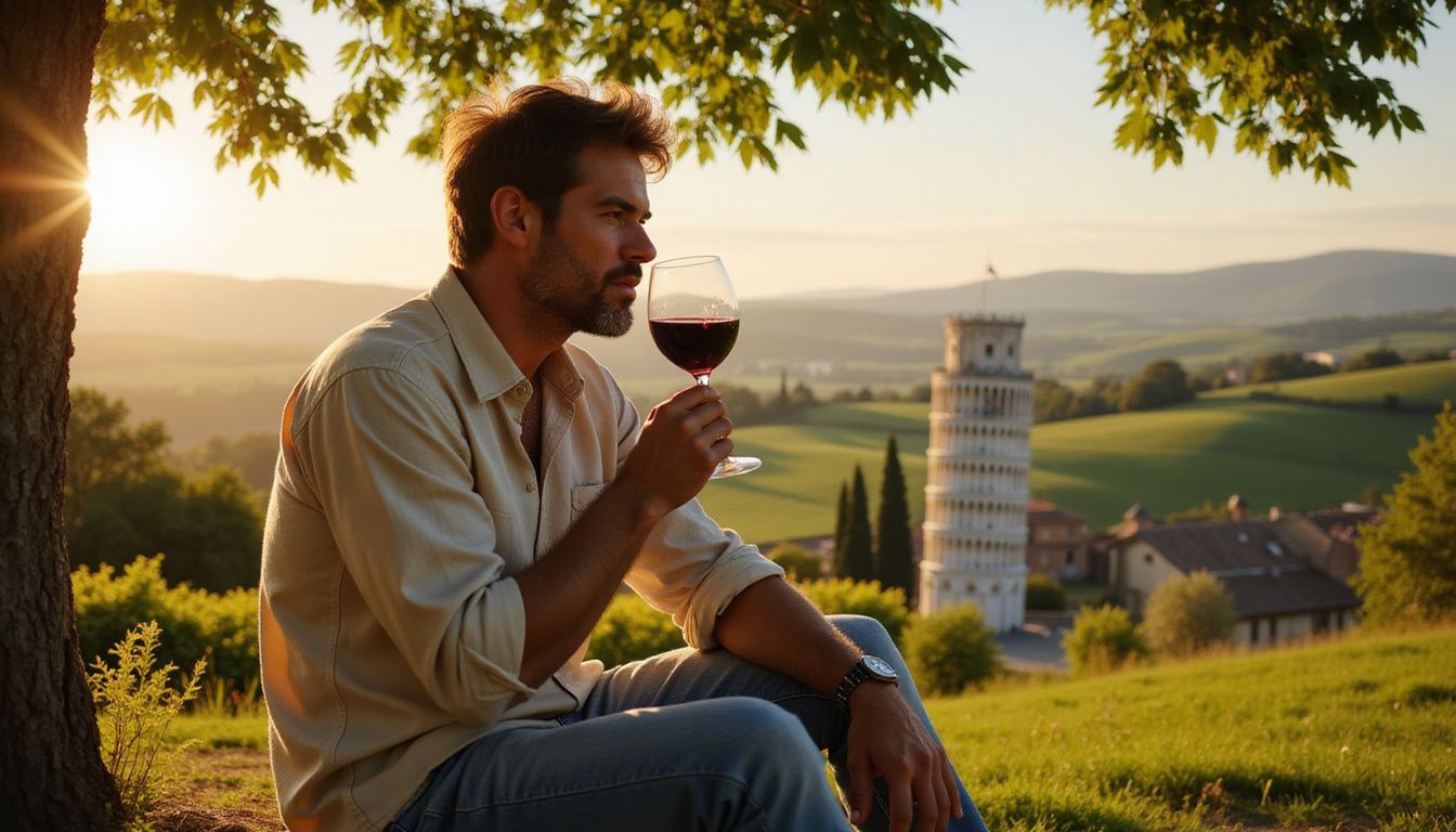 A man enjoys Chianti in a picturesque Tuscan vineyard.