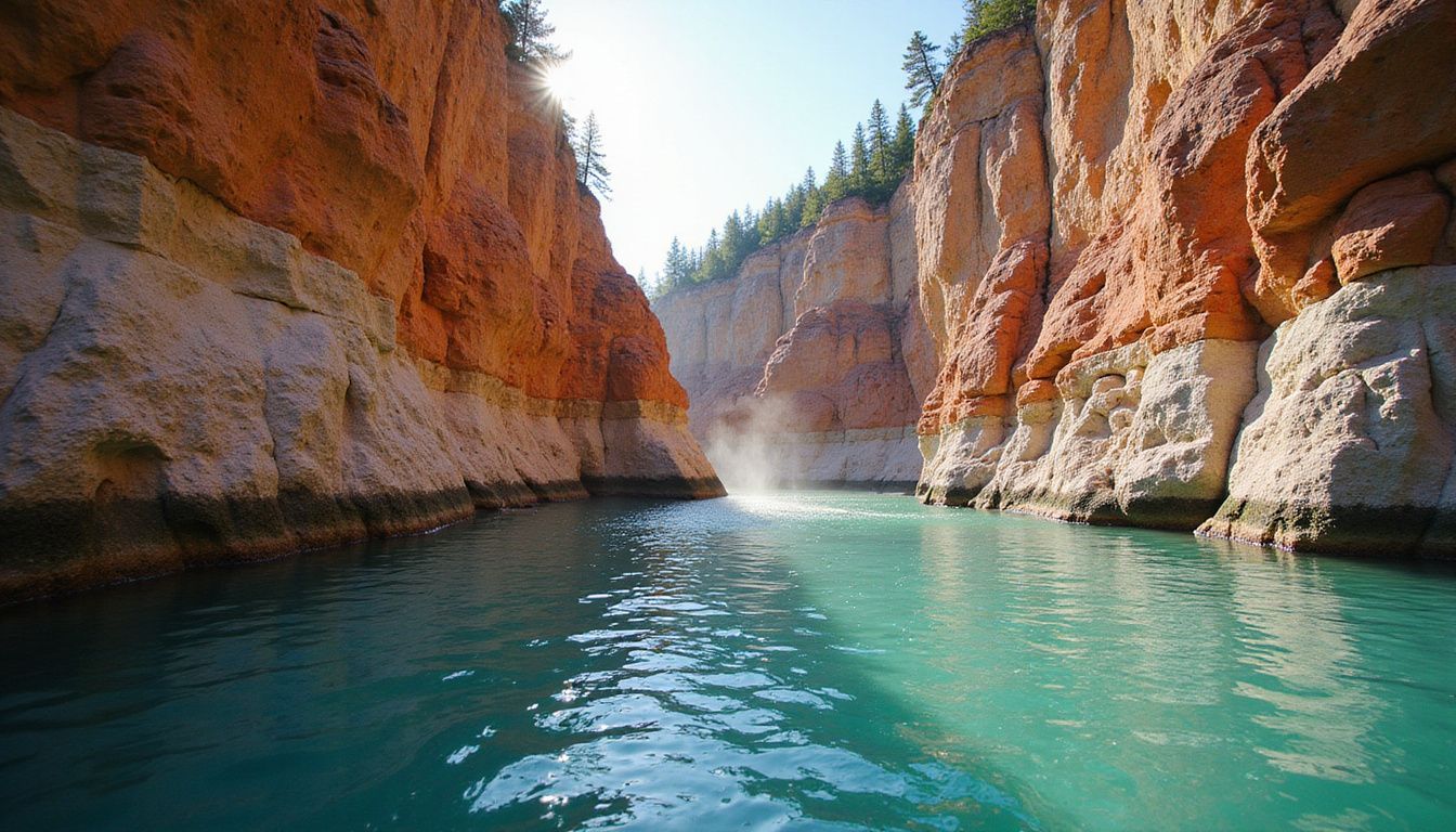 Vibrant cliffs of Pictured Rocks reflect in tranquil turquoise waters.