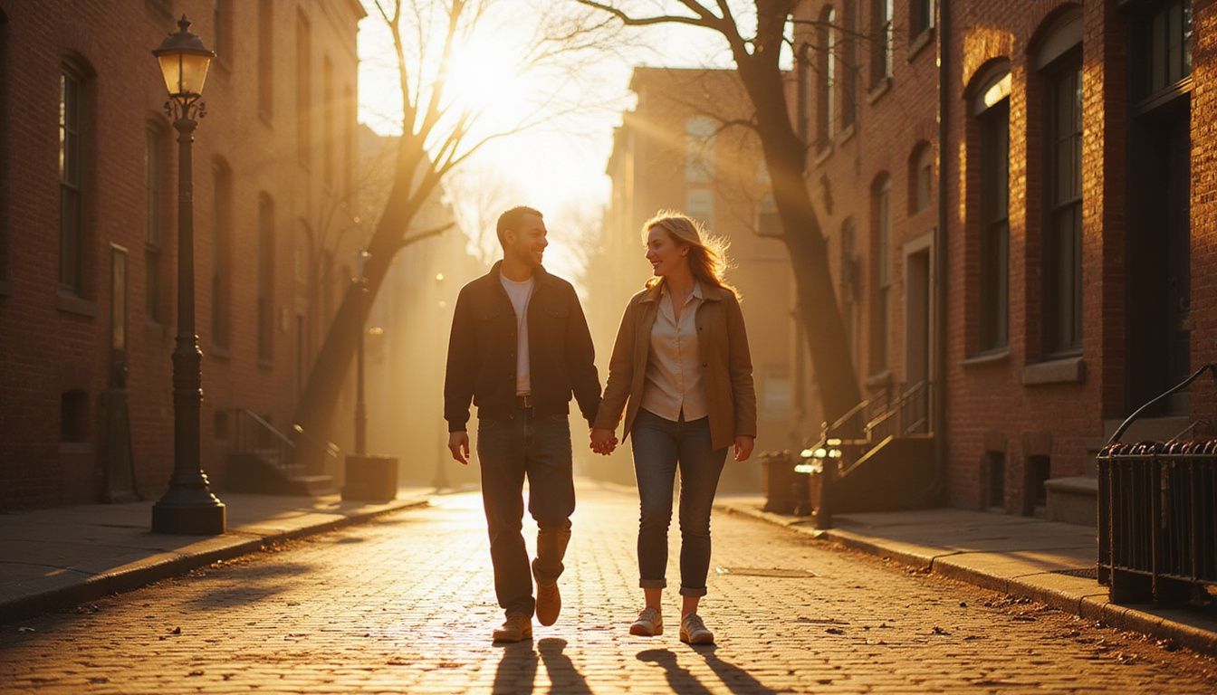 A couple enjoys a joyful stroll along Boston's historic Freedom Trail.