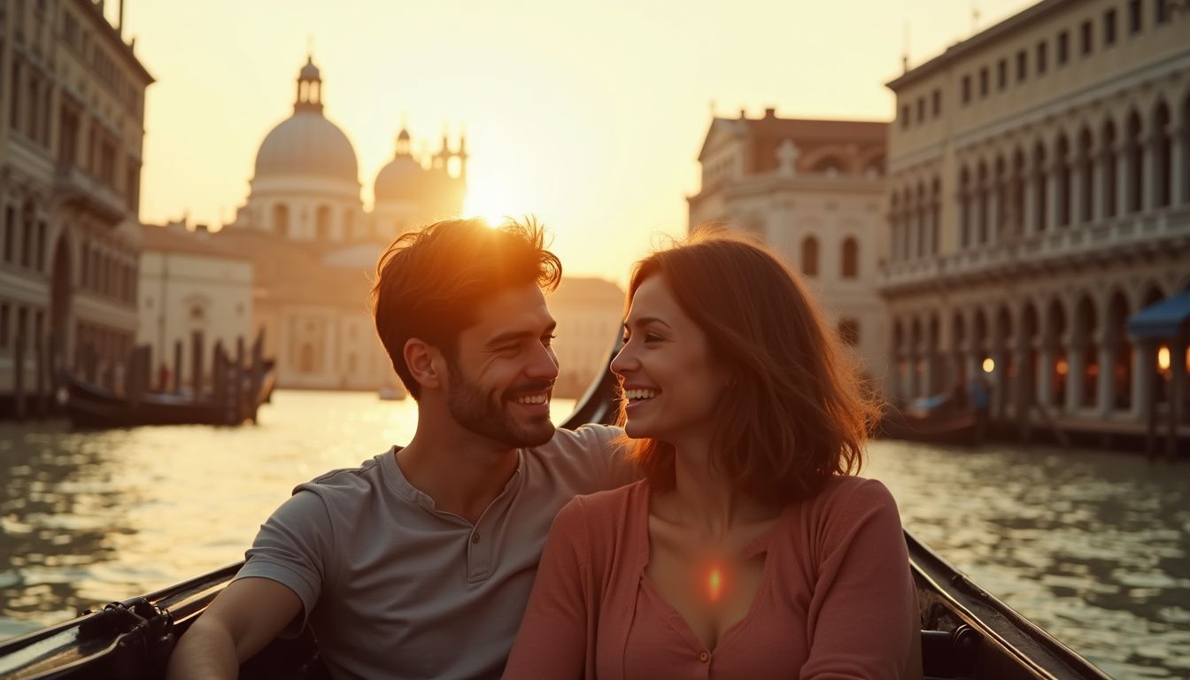A couple enjoys a romantic gondola ride through Venice's canals.